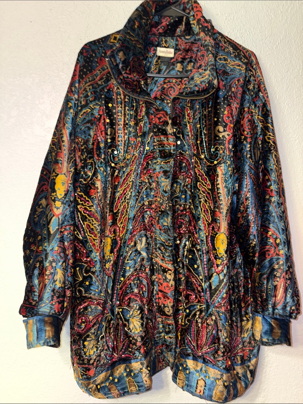 Neiman Marcus Embellished Paisley Tunic Jacket - Blue, Red, Gold
